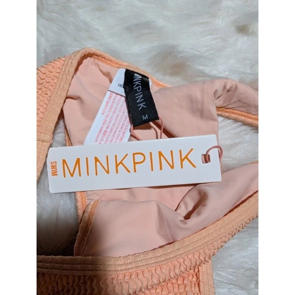 MINKPINK Eloise‎ Strappy Bikini Bottoms Textured Swimsuit Mandarin Orange M NWT